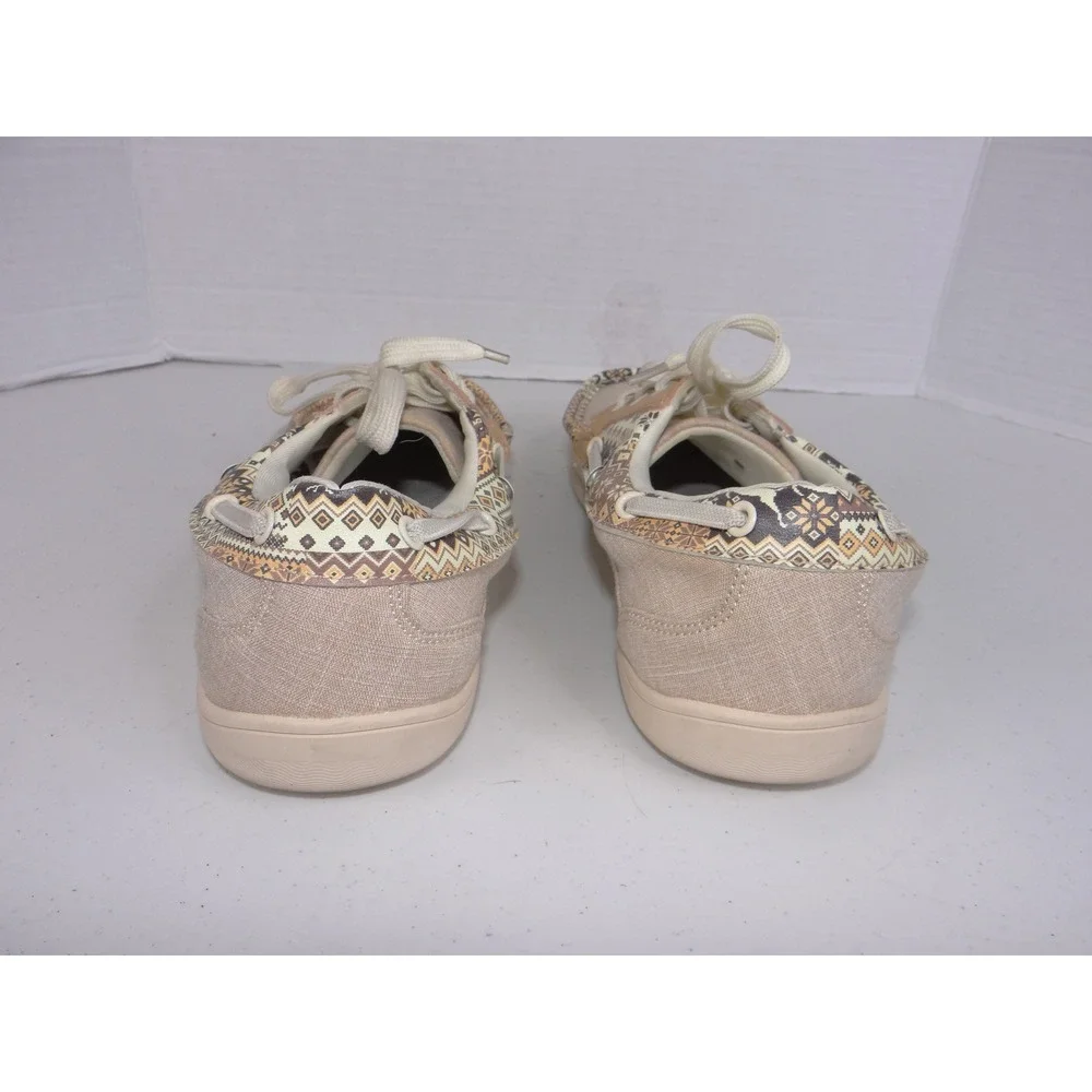 Womens Boat Shoes Tan Canvas Geometric Pattern Trim Moccasins 3771